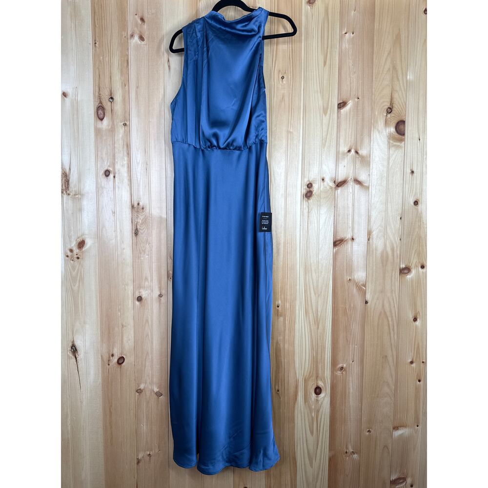 NWT Lulus Distinctive Charm Slate Blue Satin Asymmetrical Maxi Dress Wedding 1X - Picture 2 of 8